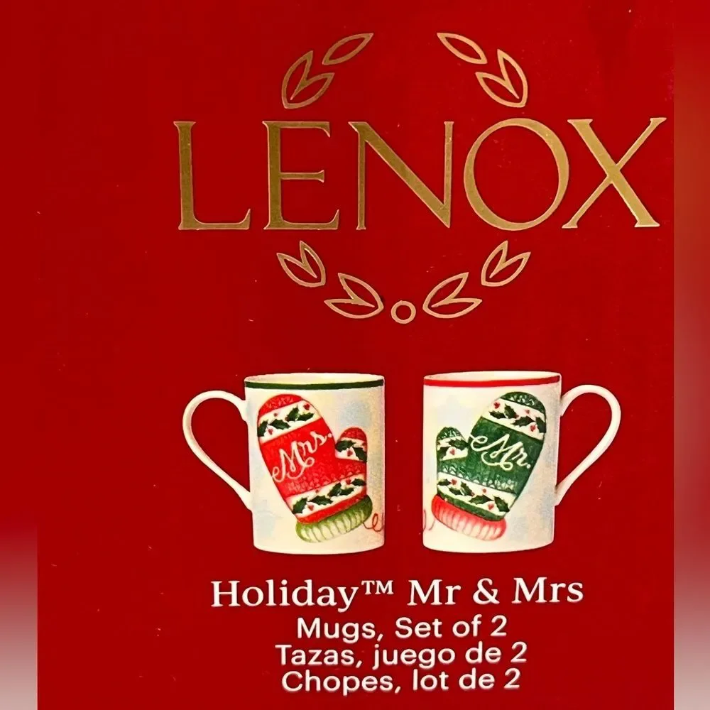 2 Sets Lenox Holiday Mr. & Mrs Graphic Porcelain Mugs